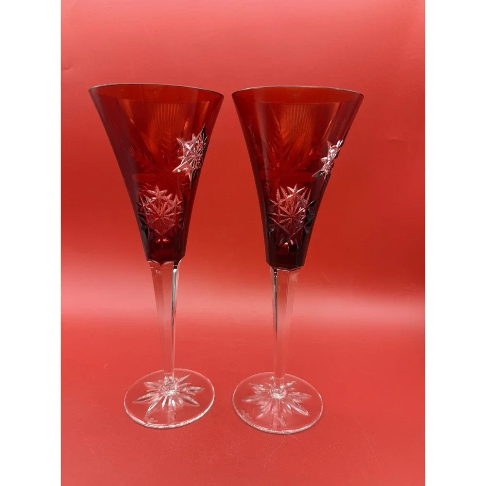 Set Of 2 Waterford Crystal Joy Ruby Red Champagne Flutes 9.25